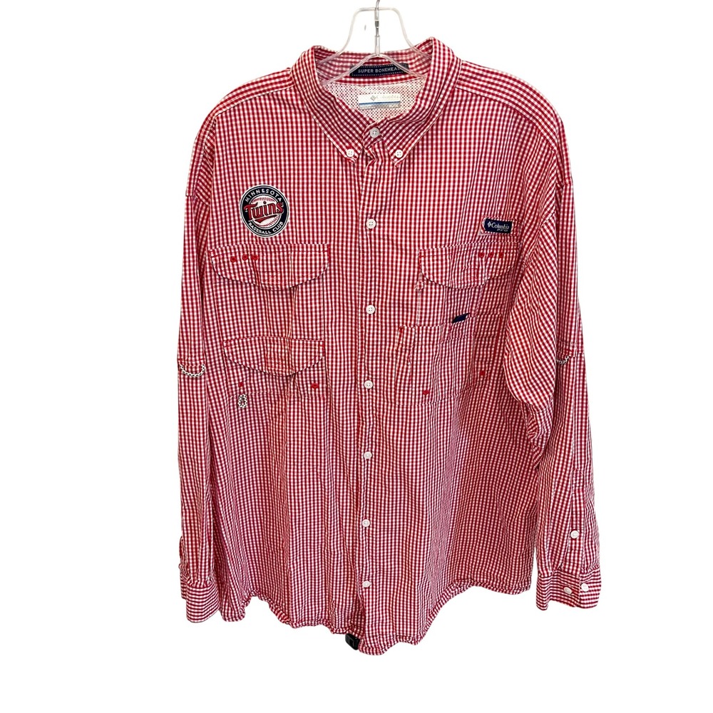 Columbia PFG Super Bonehead Minnesota Twins Fishing Shirt Mens XL Red Gingham
